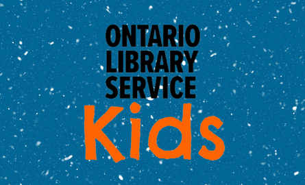 Black and orange text "Ontario Library Service Kids" on blue background